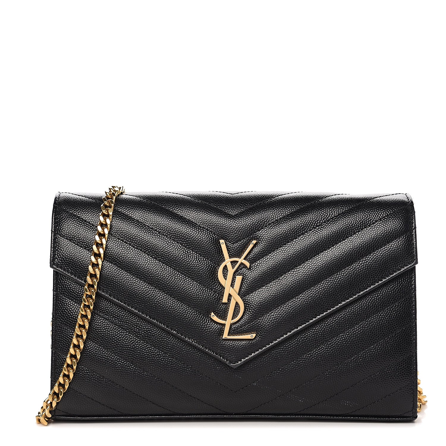 Saint Laurent Grain De Poudre Matelasse Chevron Monogram Chain Wallet Black 1 of 9
