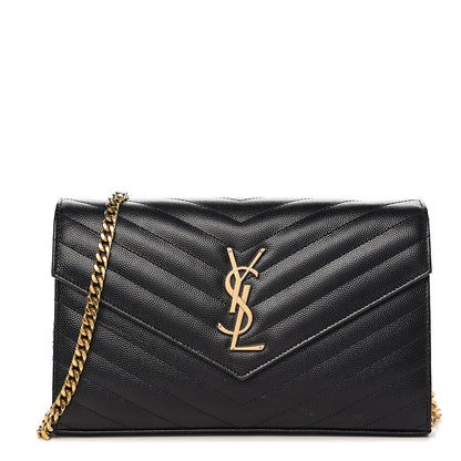 Saint Laurent Grain De Poudre Matelasse Chevron Monogram Chain Wallet Black 1 of 9