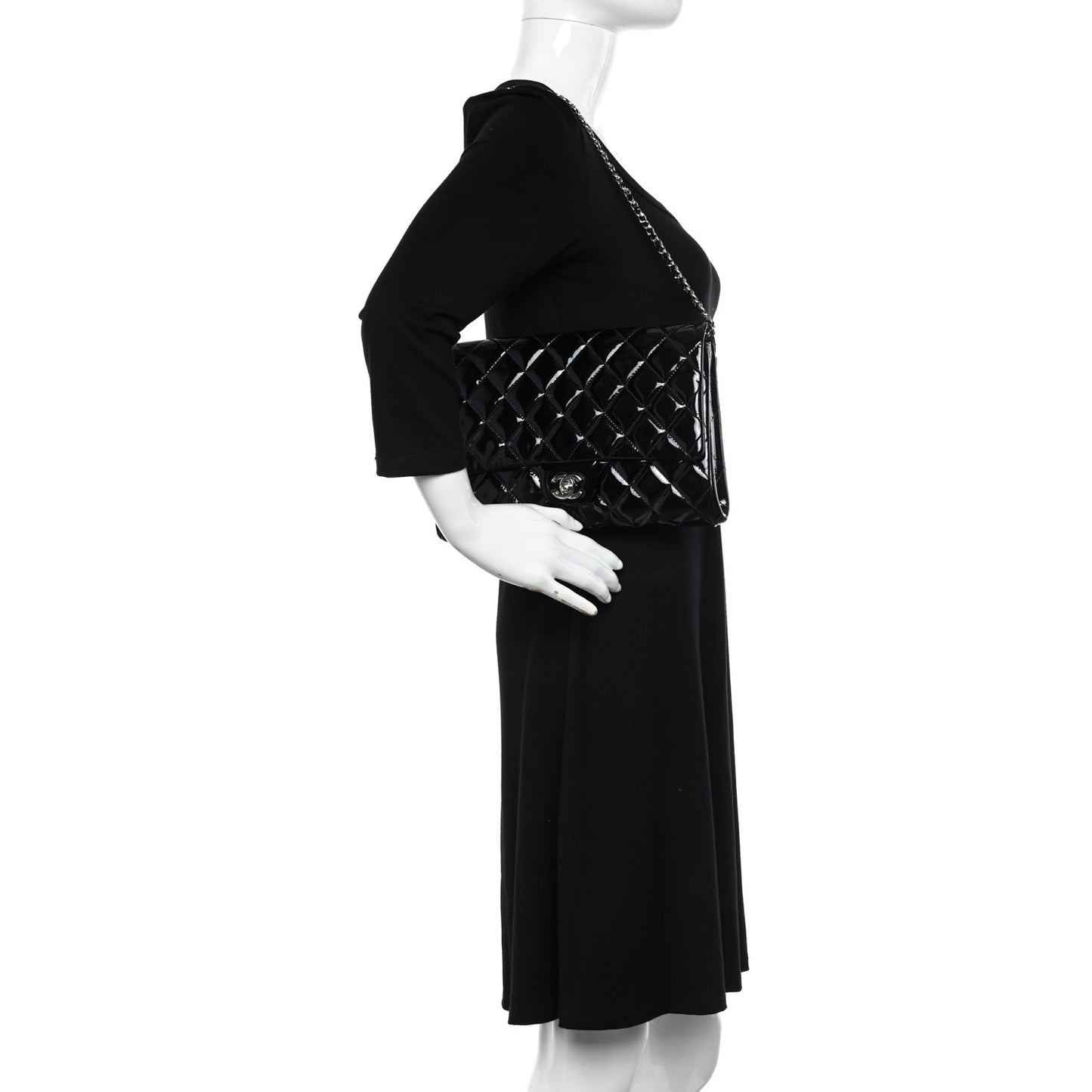 Patent Quilted Clutch with Chain Flap Black