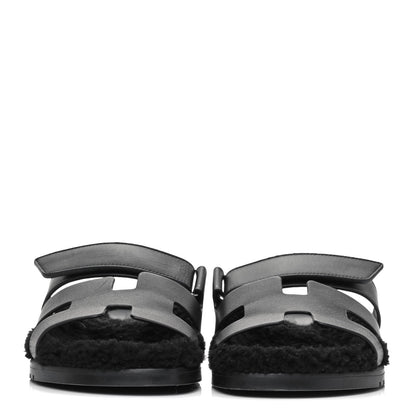 Hermes Calfskin Woolskin Womens Chypre Sandals 40 Black 2 of 11