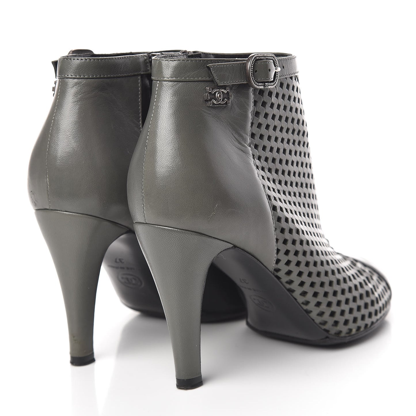 Perforated Lambskin CC Ankle Boots 37 Grey Black