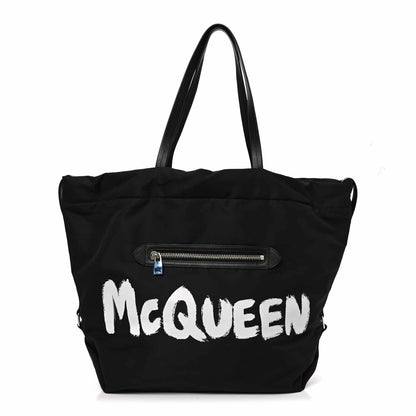 Alexander McQueen Nylon Graffiti Logo The Bundle Tote Black White 1 of 17