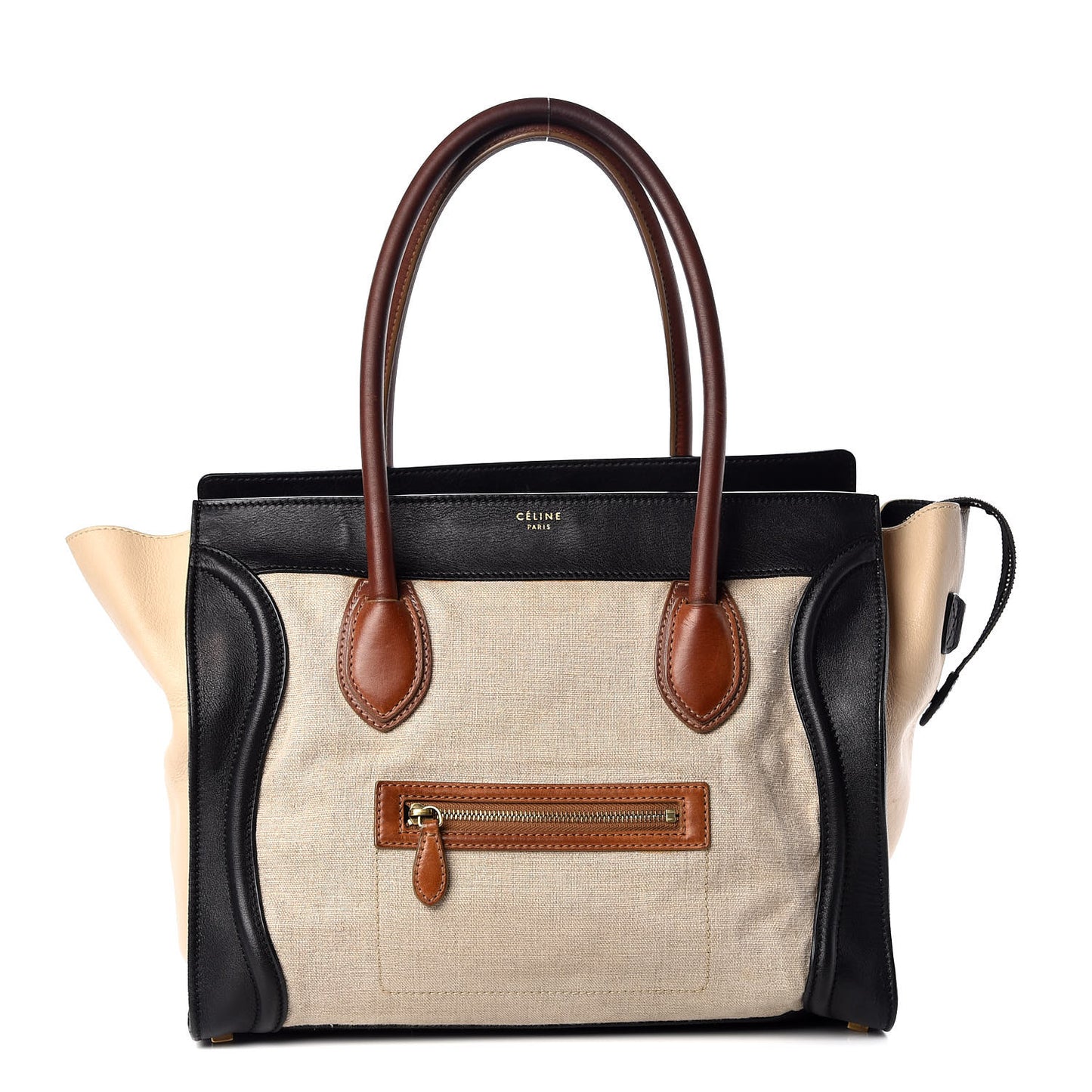 Calfskin Linen Tri-Color Shoulder Luggage Beige