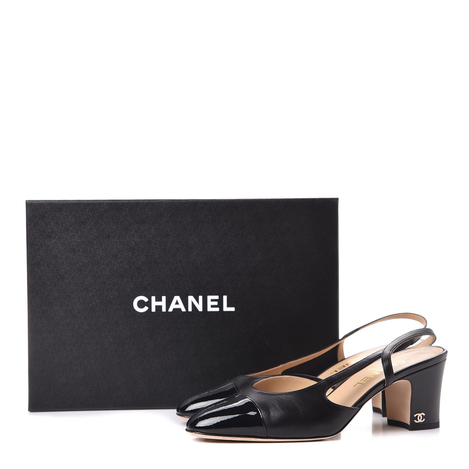 Chanel Lambskin Patent Cap Toe CC Slingback Sandals 38 Black 16 of 16
