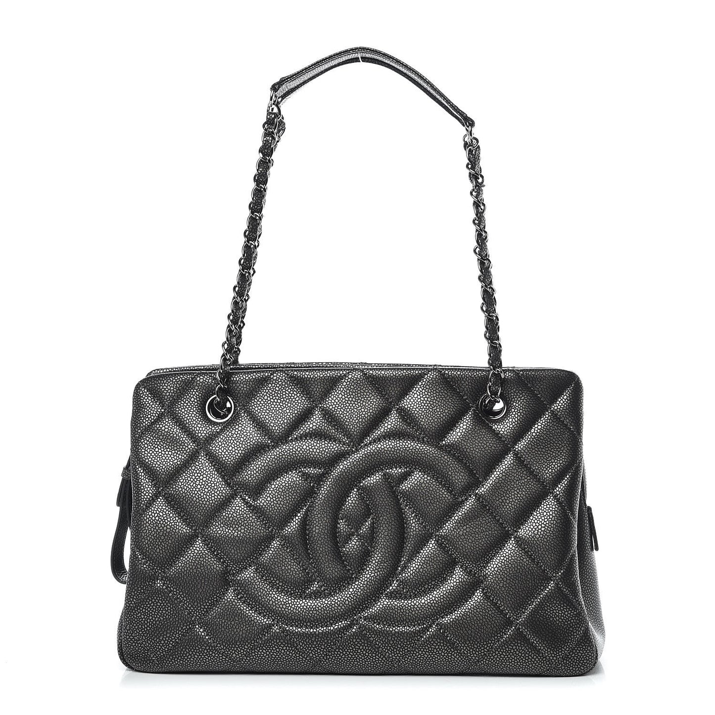 Metallic Caviar Quilted CC Tote Dark Silver
