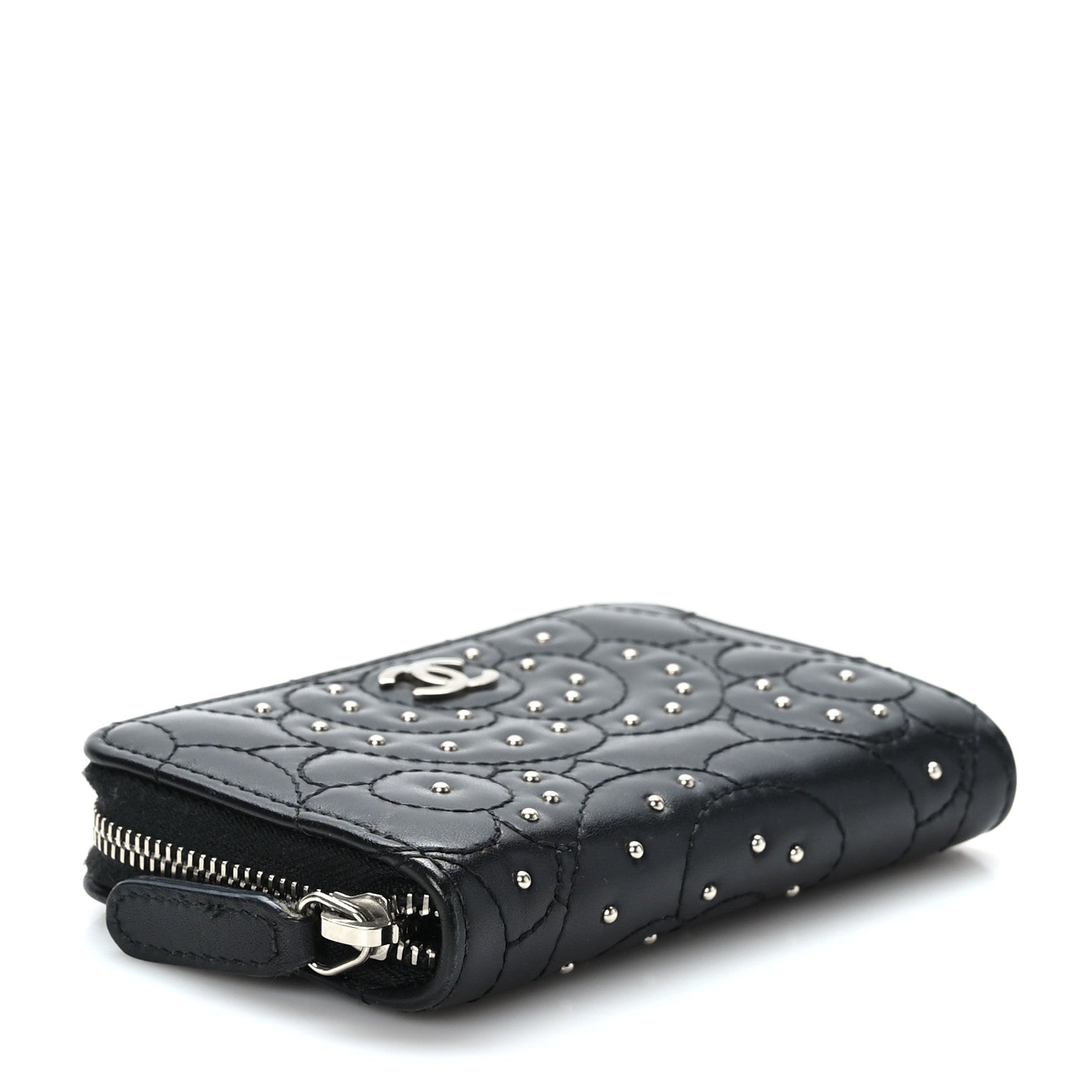 Chanel Lambskin Camellia Embossed Studded Zip Coin Purse Black 4 of 7