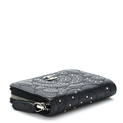 Chanel Lambskin Camellia Embossed Studded Zip Coin Purse Black 4 of 7