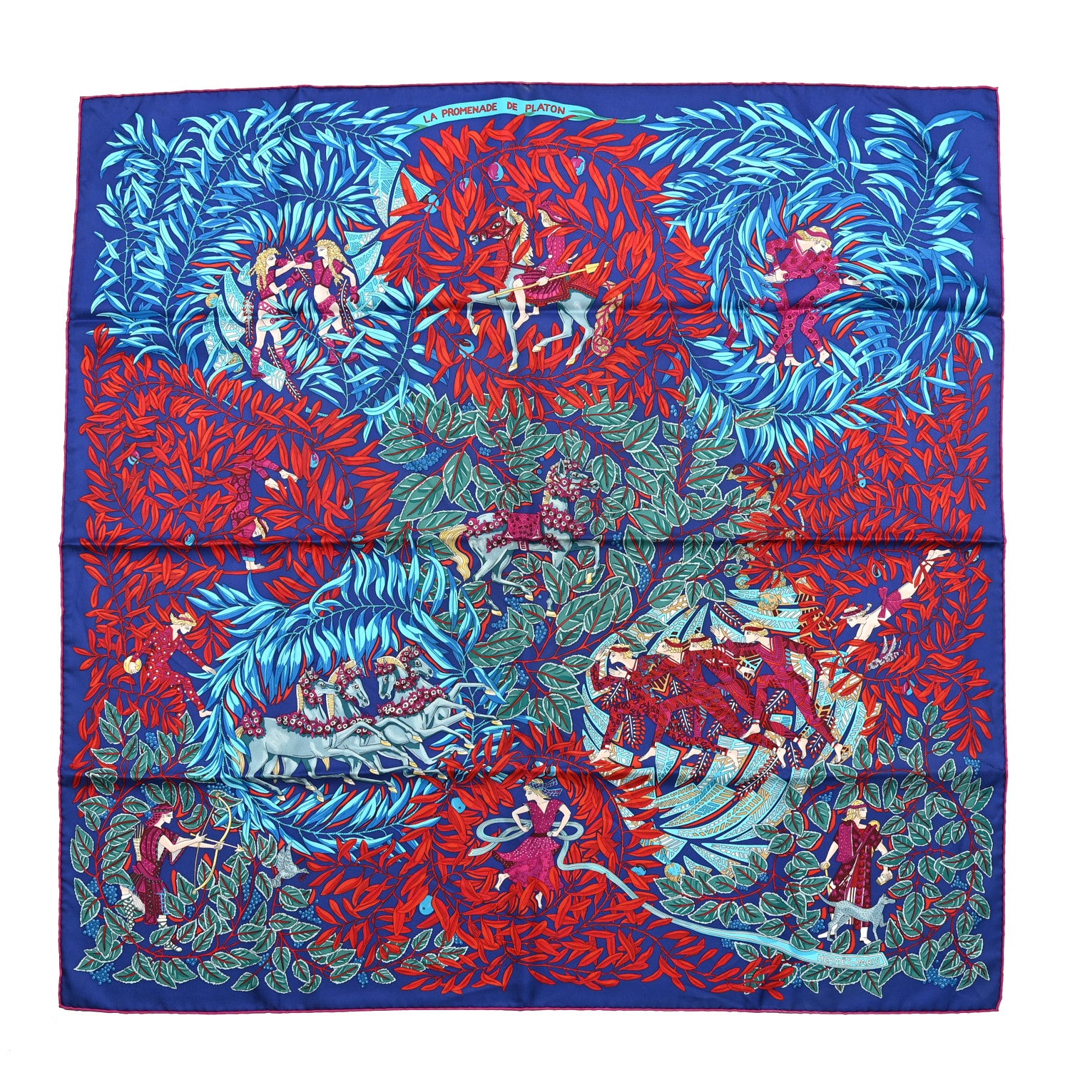 Hermes Silk La Promenade de Platon Scarf 90 Indigo Rouge Turquoise 1 of 5