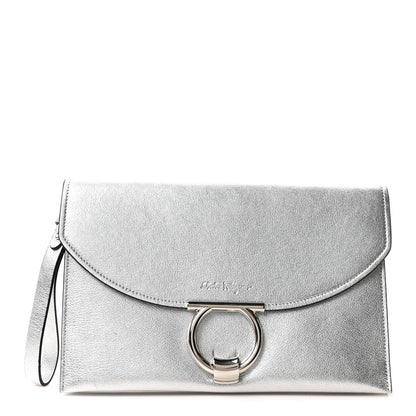 Salvatore Ferragamo Metallic Calfskin Gancini Clutch Silver 1 of 10