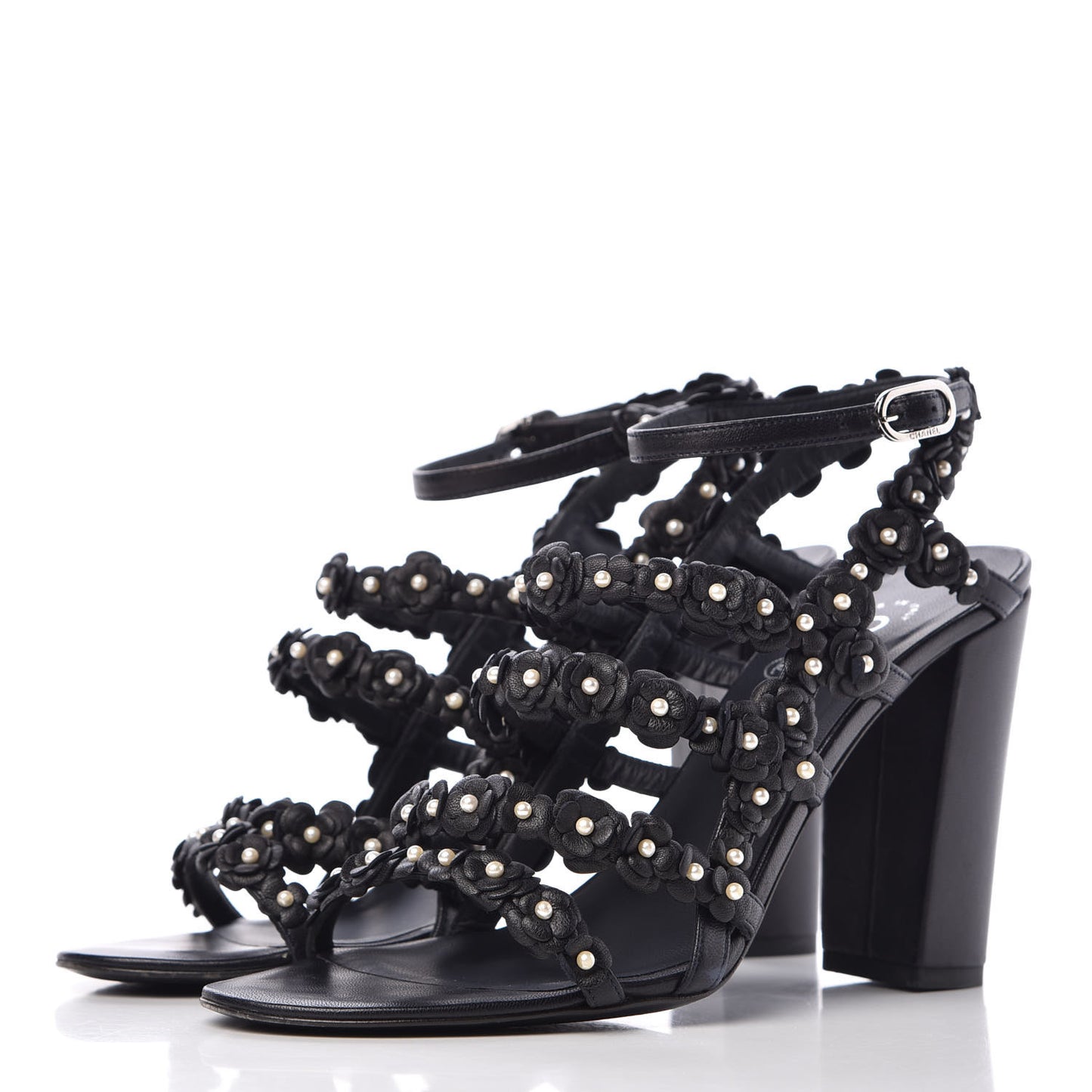 Lambskin Pearl Camellia Sandals 38.5 Dark Navy Blue