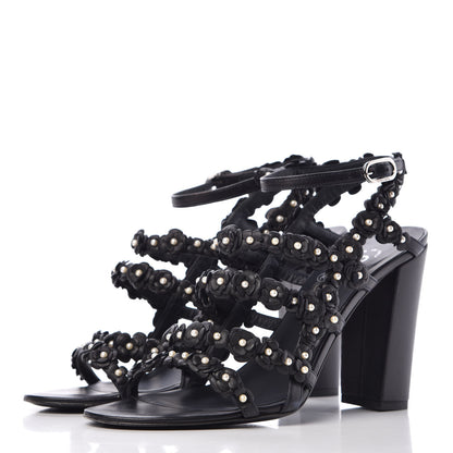 Chanel Lambskin Pearl Camellia Sandals 38.5 Dark Navy Blue 3 of 11