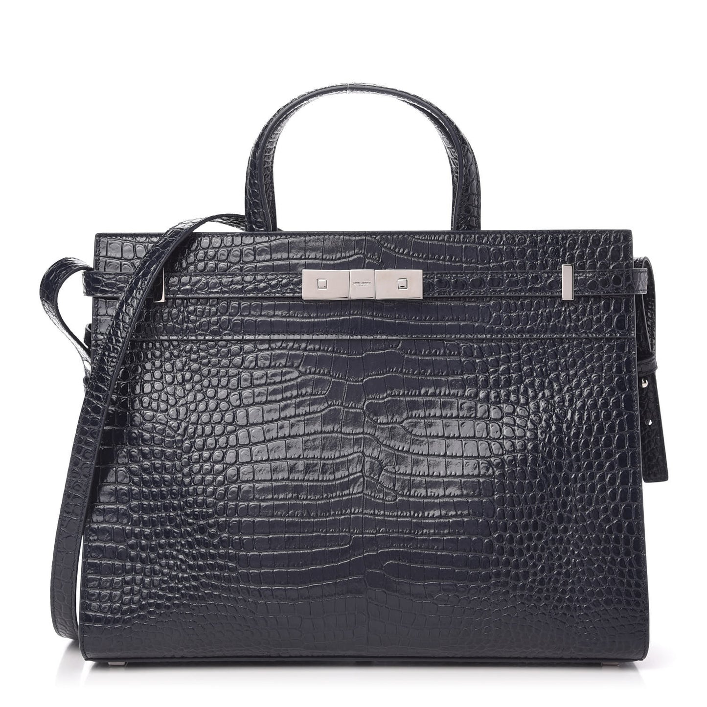Shiny Calfskin Crocodile Embossed Small Manhattan Shopper Tote Deep Marine