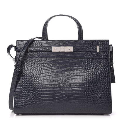 Saint Laurent Shiny Calfskin Crocodile Embossed Small Manhattan Shopper Tote Deep Marine 1 of 10