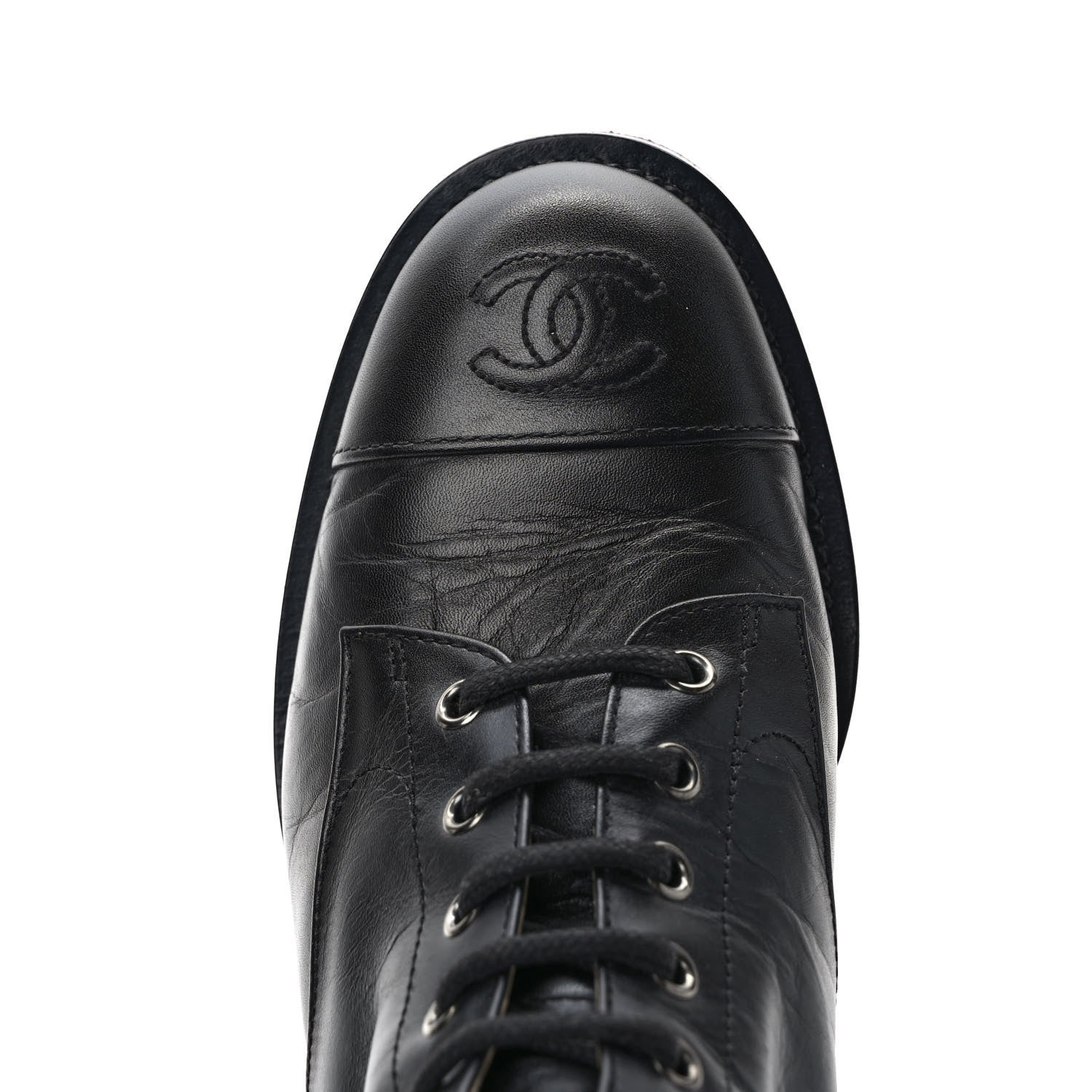 Chanel Crumpled Calfskin Lace Up Combat Boots 37 Black 10 of 10