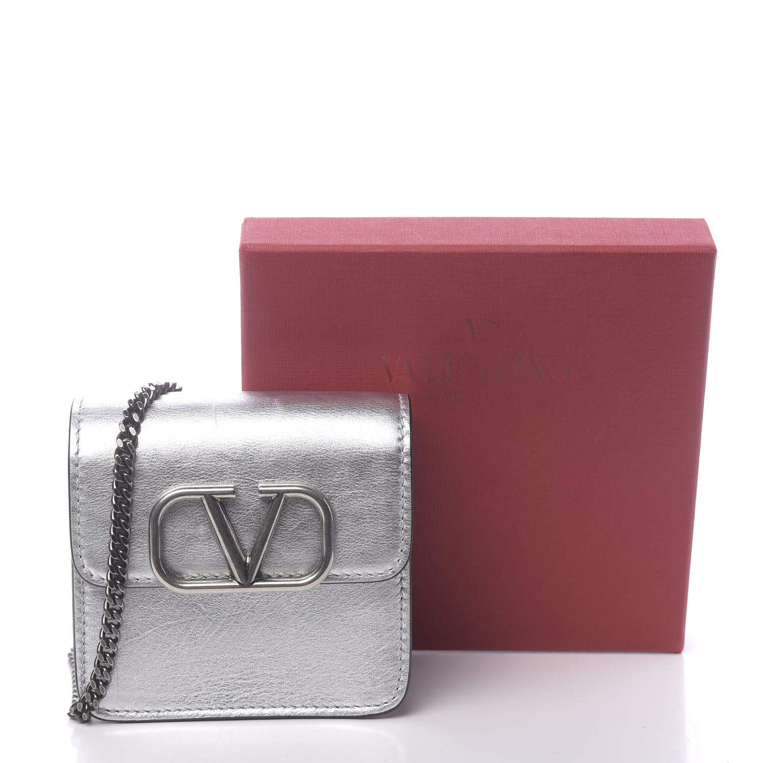 Valentino Garavani Metallic Calfskin Vlogo Compact Wallet with Chain Silver 12 of 12