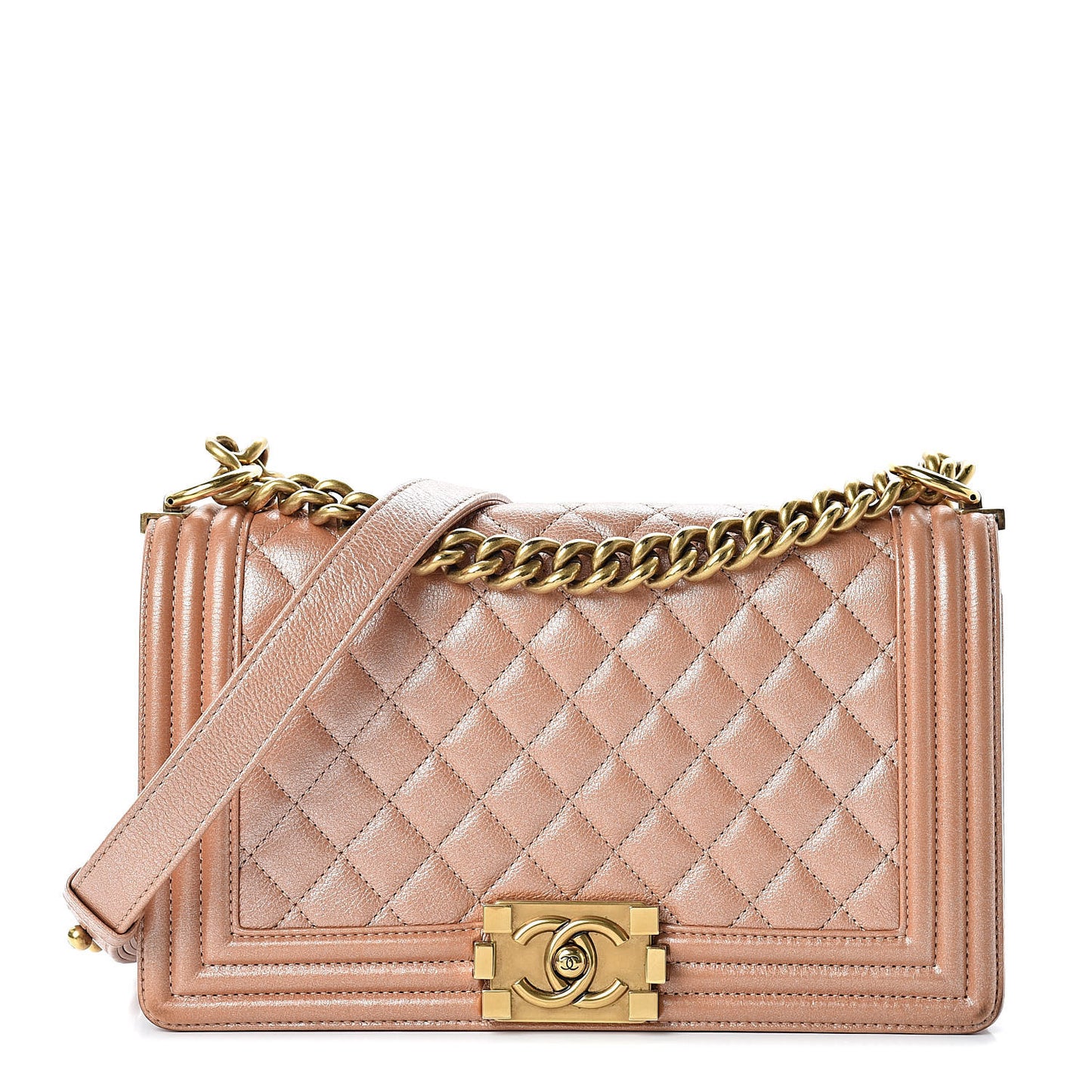 Metallic Calfskin Quilted Medium Boy Flap Dark Gold