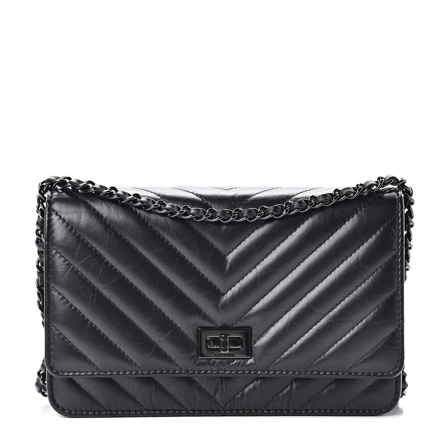 Chanel Aged Calfskin Chevron Quilted Reissue Wallet On Chain WOC So Black 1 of 12