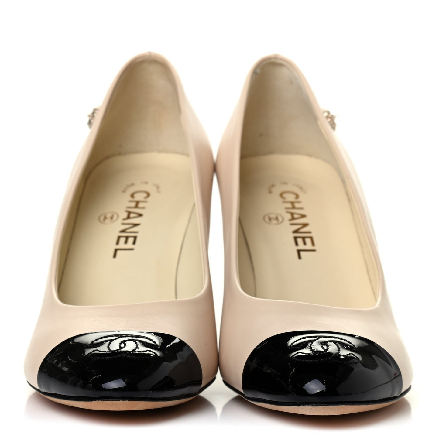 Lambskin Patent CC Cap Toe Camellia Pumps 39.5 Beige Black