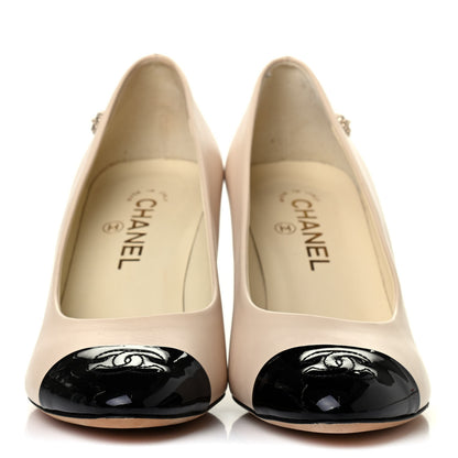 Chanel Lambskin Patent CC Cap Toe Camellia Pumps 39.5 Beige Black 2 of 4