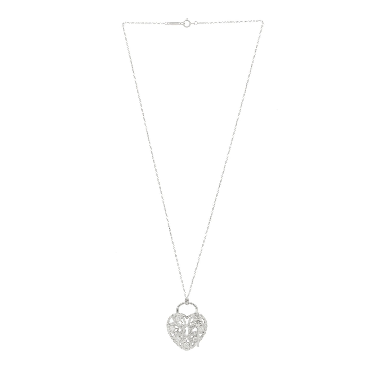18K White Gold Diamond Large Filigree Heart Key Pendant Necklace