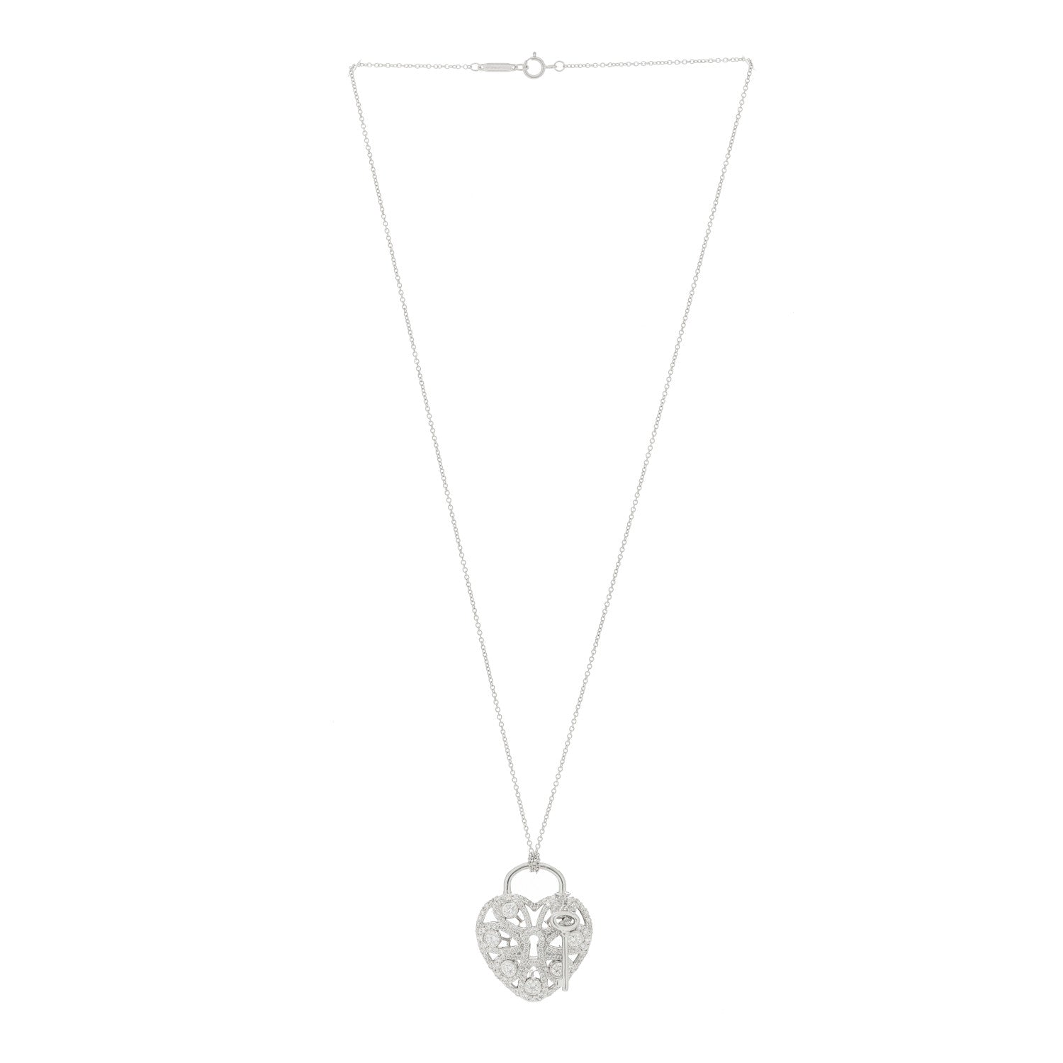 Tiffany 18K White Gold Diamond Large Filigree Heart Key Pendant Necklace 3 of 5