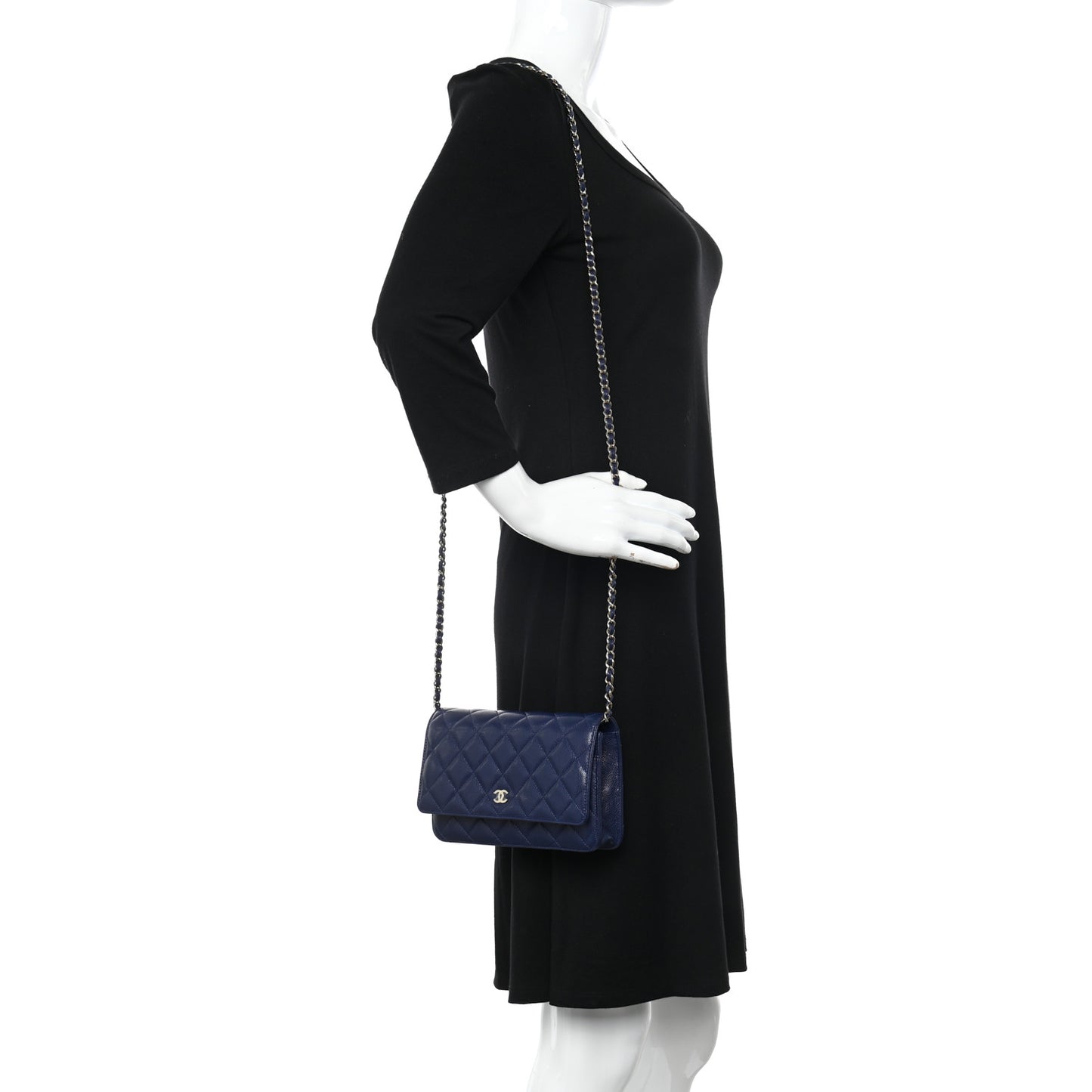 Caviar Quilted Wallet on Chain WOC Navy Blue