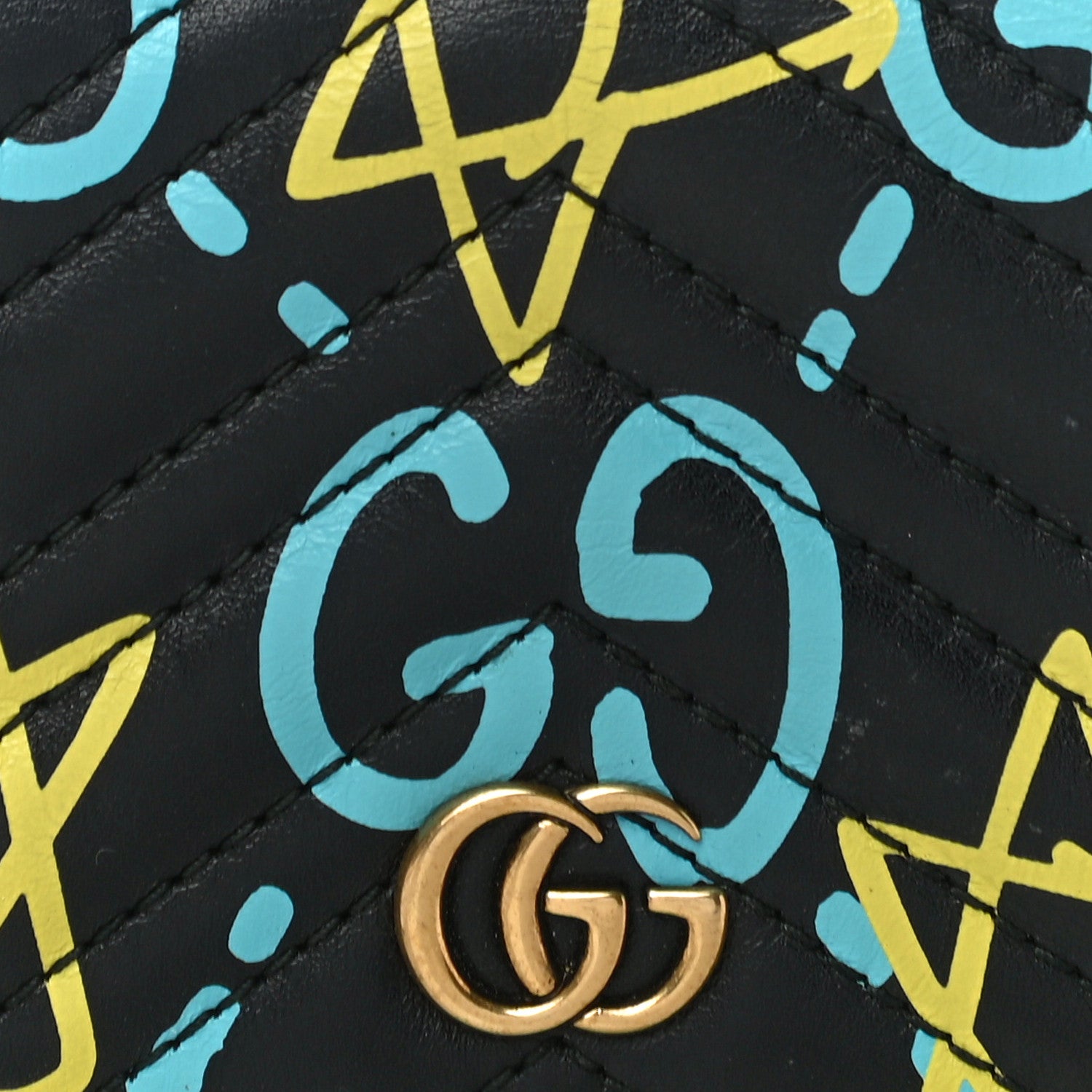 Gucci Calfskin Matelasse GucciGhost GG Marmont Card Case Wallet Black New Acquamarine 7 of 9