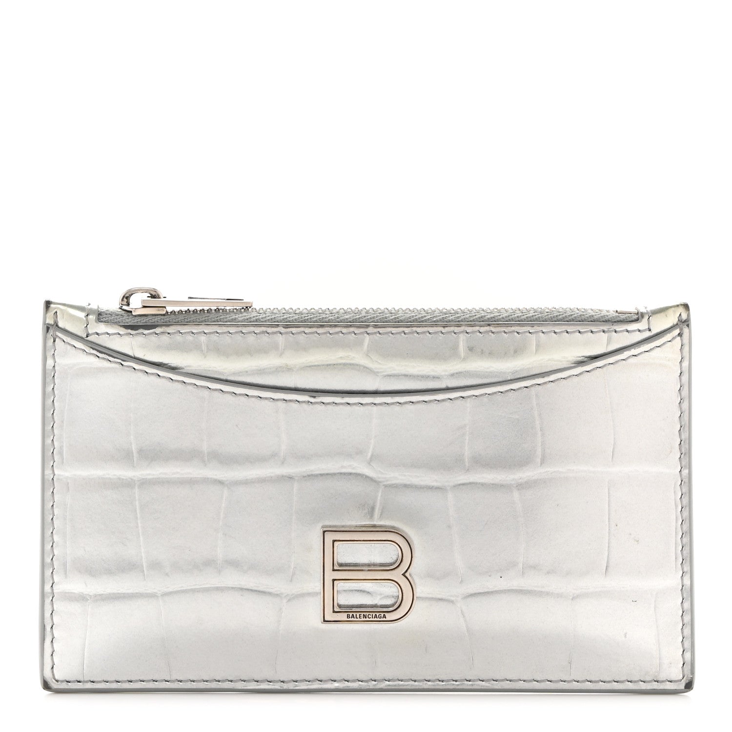 Balenciaga Metallic Calfskin Crocodile Embossed Hourglass Long Coin Case Card Holder Silver 1 of 8