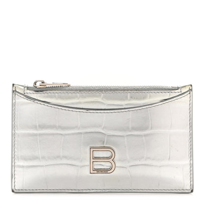 Balenciaga Metallic Calfskin Crocodile Embossed Hourglass Long Coin Case Card Holder Silver 1 of 8