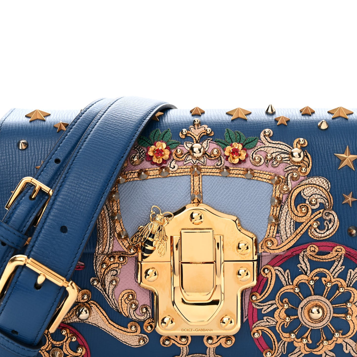 Calfskin Crystal Embellished Lucia Shoulder Bag Blue Multicolor