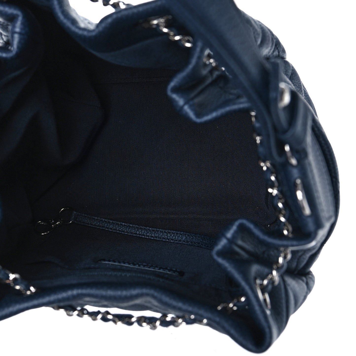 Caviar Flat Quilted CC Chain Bucket Drawstring Bag Navy