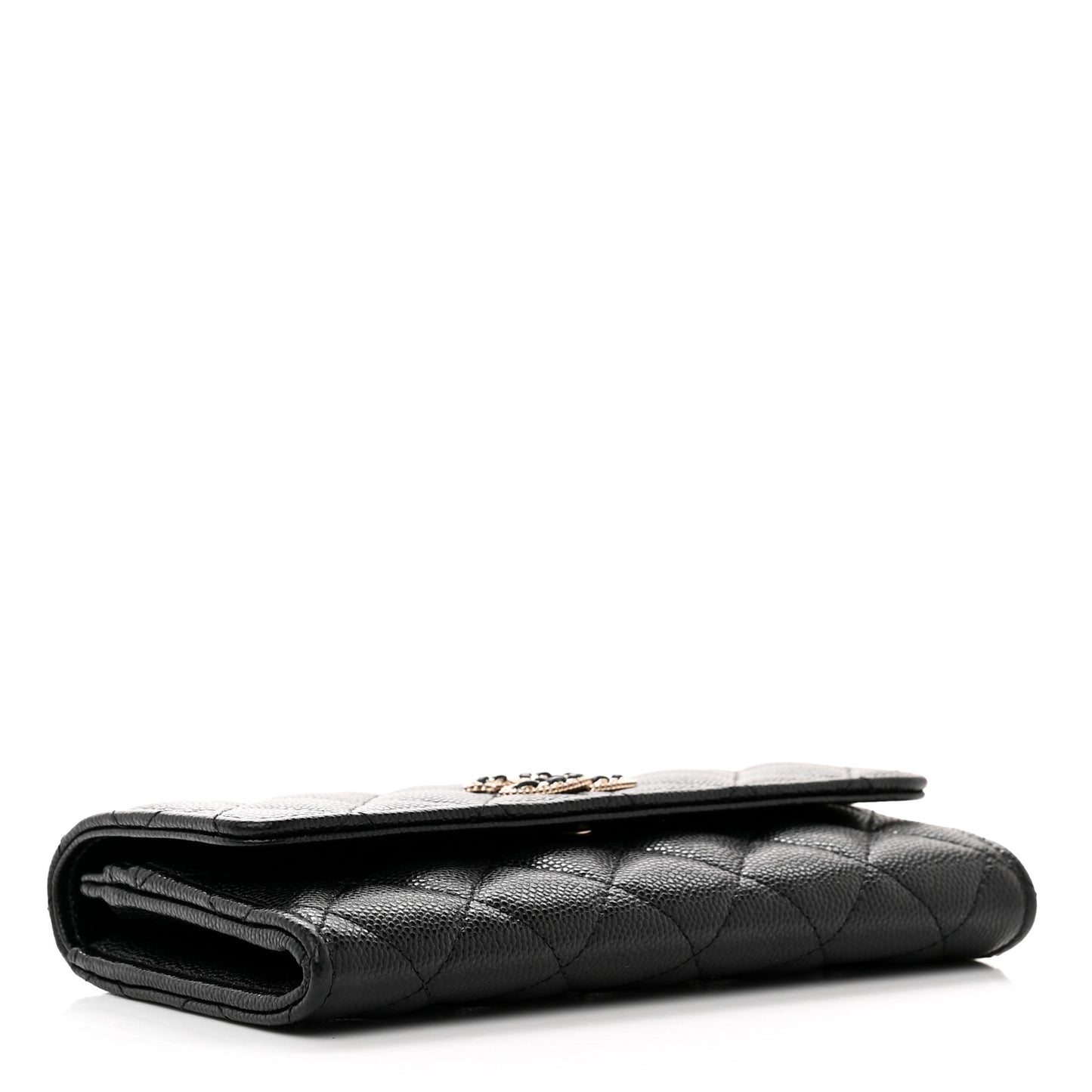 Caviar Quilted Crystal CC Large Gusset Flap Wallet Black