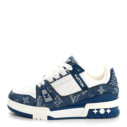 Louis Vuitton Calfskin Embossed Monogram Denim Womens LV Trainer Sneakers 35.5 Blue 1 of 9