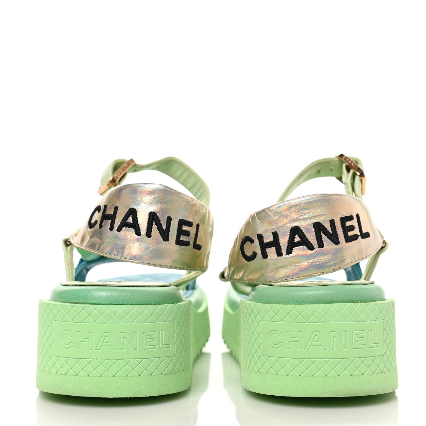 Lambskin Logo Platform Sandals 38 Turquoise Green Gold