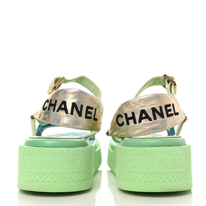 Chanel Lambskin Logo Platform Sandals 38 Turquoise Green Gold 9 of 9