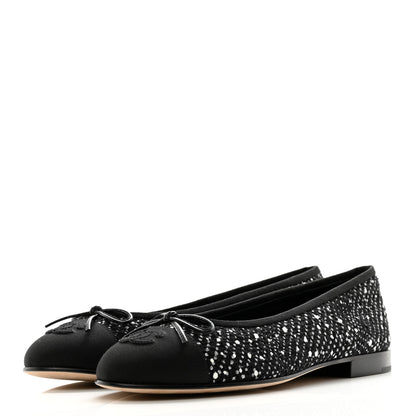 Chanel Cotton Tweed Grosgrain Cap Toe Ballerina Flats 37.5 Black Silver White 3 of 9