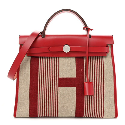 Hermes Vache Hunter Toile H Vibration Herbag Zip 31 PM Bordeaux Ficelle Rouge Piment 1 of 13