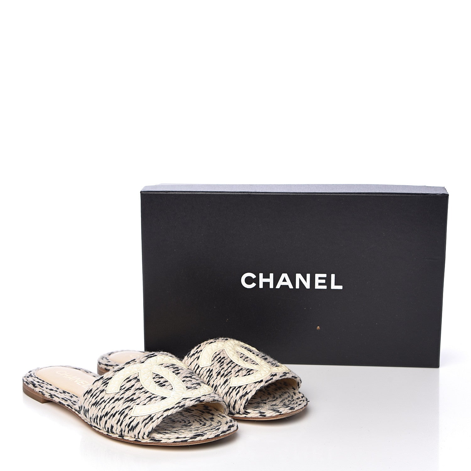 Chanel Cord CC Slip On Sandals 37 Beige Black 18 of 18