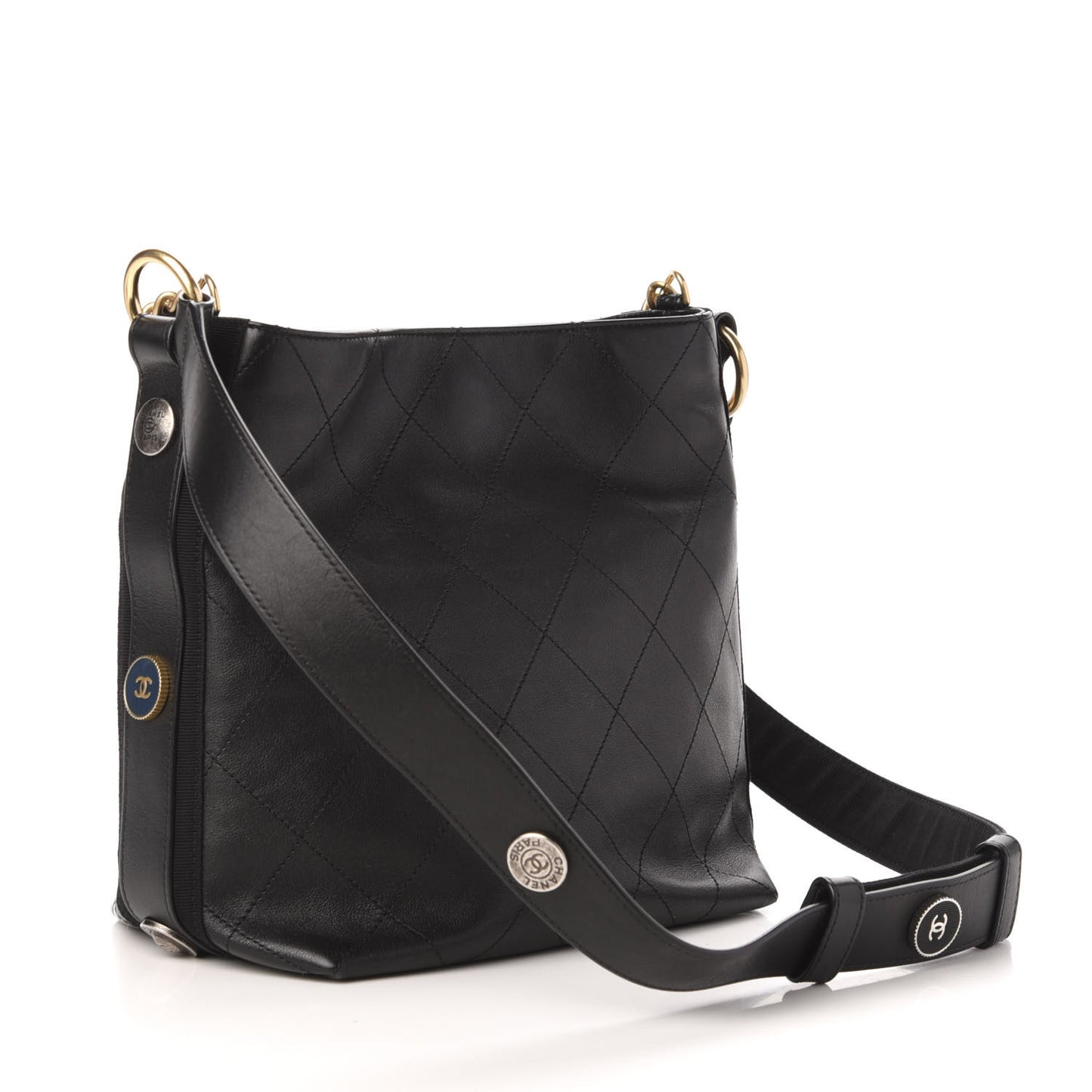 Calfskin Stitched Button Up Hobo Black