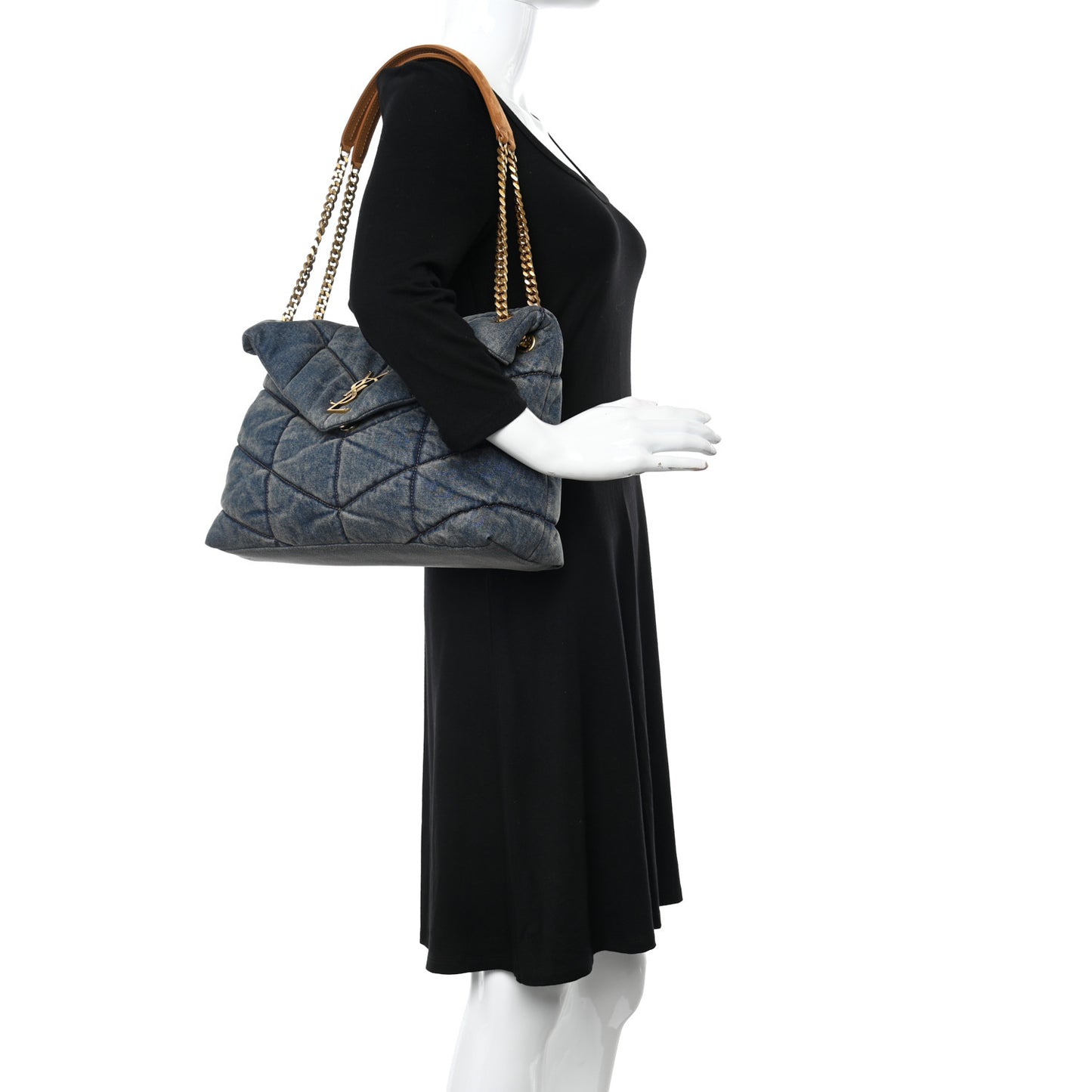 Denim Quilted Medium Loulou Puffer Monogram Chain Satchel Blue Cinnamon