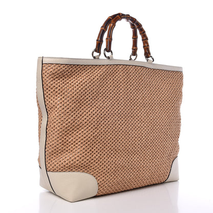 Gucci Straw Calfskin Large Bamboo Shopper Tote Natural 3 of 14