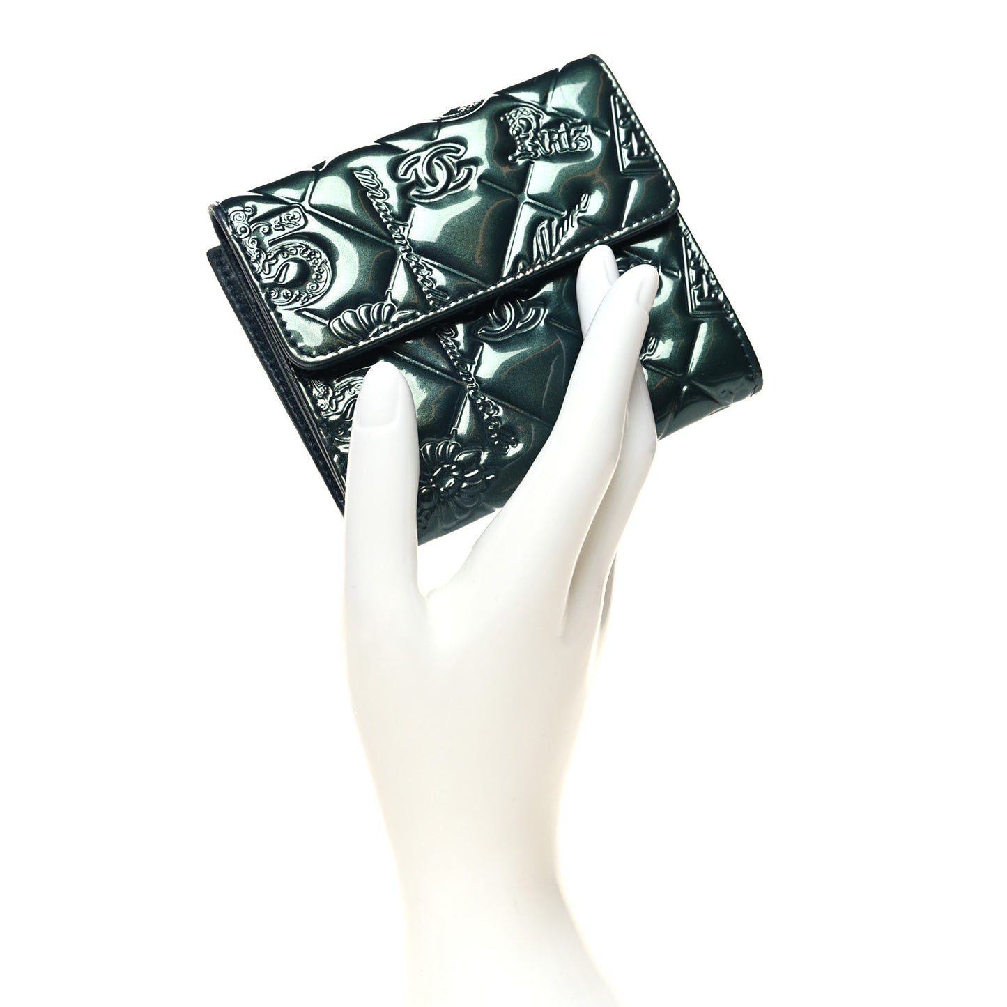 Patent Calfskin Lucky Symbols Compact French Flap Wallet Green