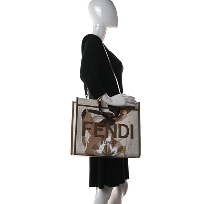 Fendi Glazed Fabric Plexiglass FF Logo Bikini Girls Medium Fendi Sunshine Shopper Tote Bianco Perla Multicolor Miele Scuro 2 of 10