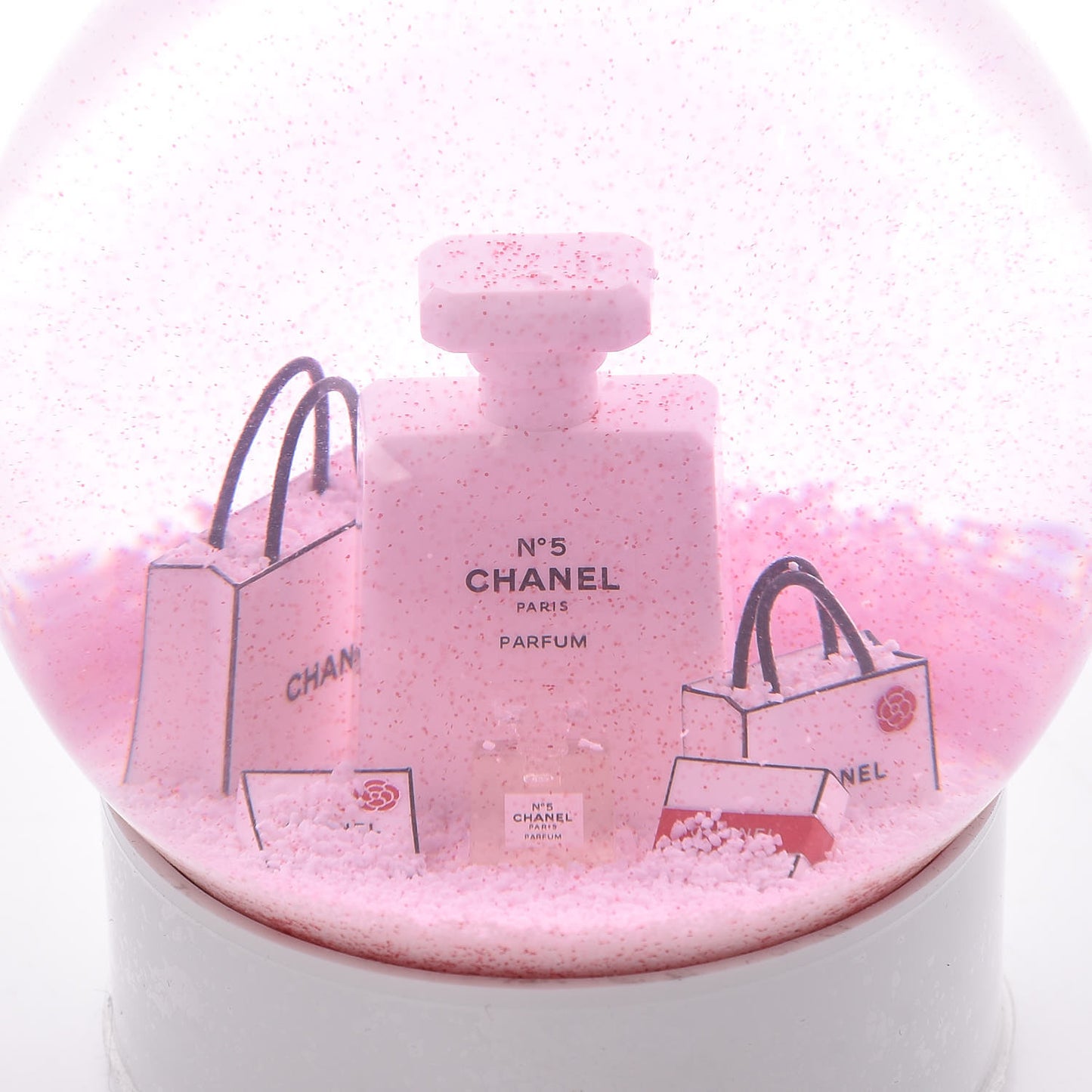 Glass N°5 Perfume Bottle Snow Globe Pink