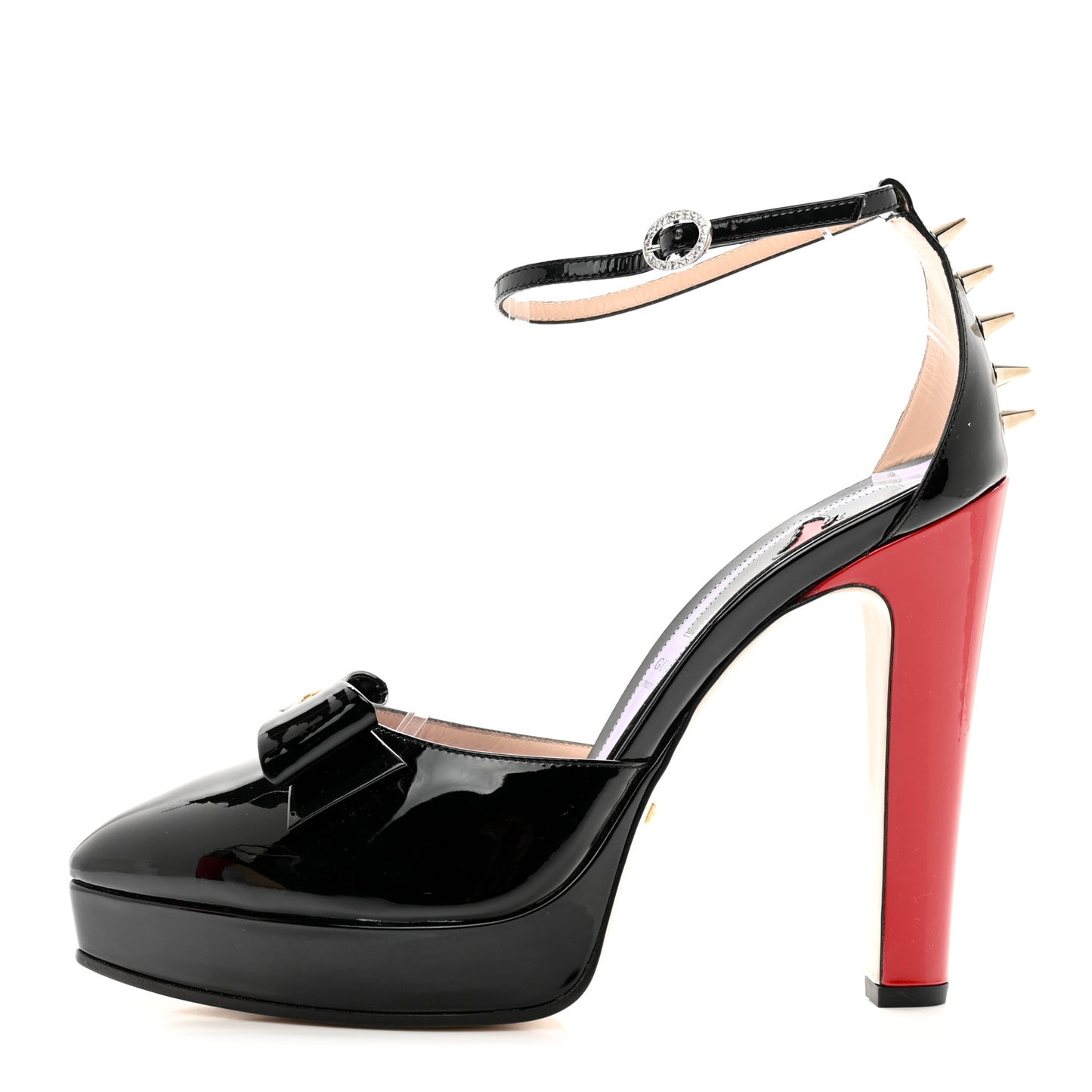 Patent Crystal GG Bow Sadie Spike Ankle Strap d'Orsay Platform High Heel Pumps 40 Black