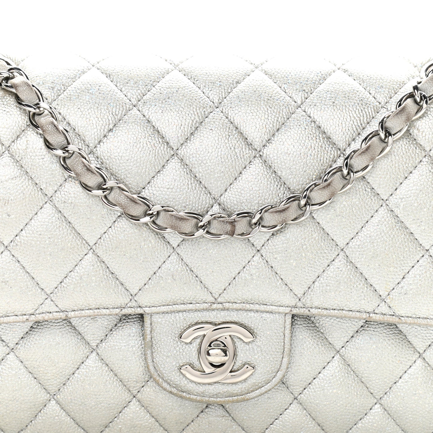 Glittered Metallic Caviar Quilted Medium Double Flap Silver