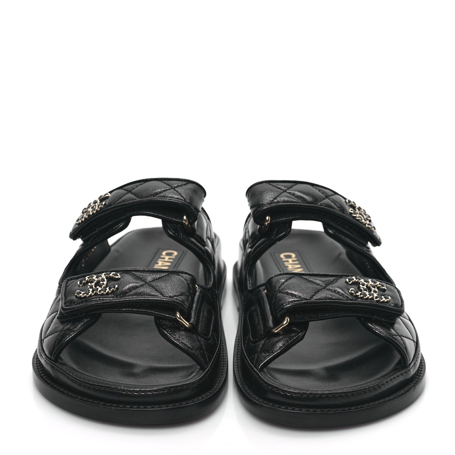 Chanel Lambskin Quilted Velcro Dad Chain CC Slide Sandals 35 Black 2 of 9