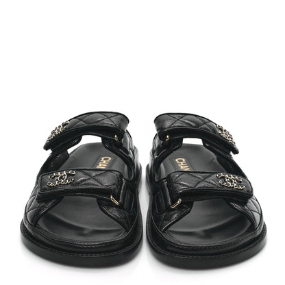 Chanel Lambskin Quilted Velcro Dad Chain CC Slide Sandals 35 Black 2 of 9