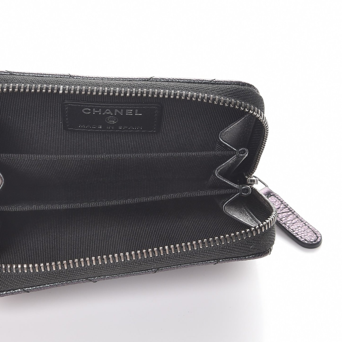 Iridescent Caviar Chevron Quilted Zip Around Coin Purse Black