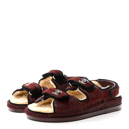 Chanel Calfskin Hair Suede Shearling Dad Sandals 36.5 Burgundy Black 3 of 11